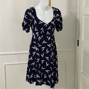 Anthropologie Maeve Fern Ruched Mini‎ Dress blue white leaf/butterfly pattern